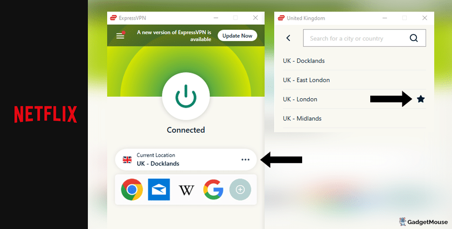Use the 'Current location' button on ExpressVPN to change the server used with Netflix