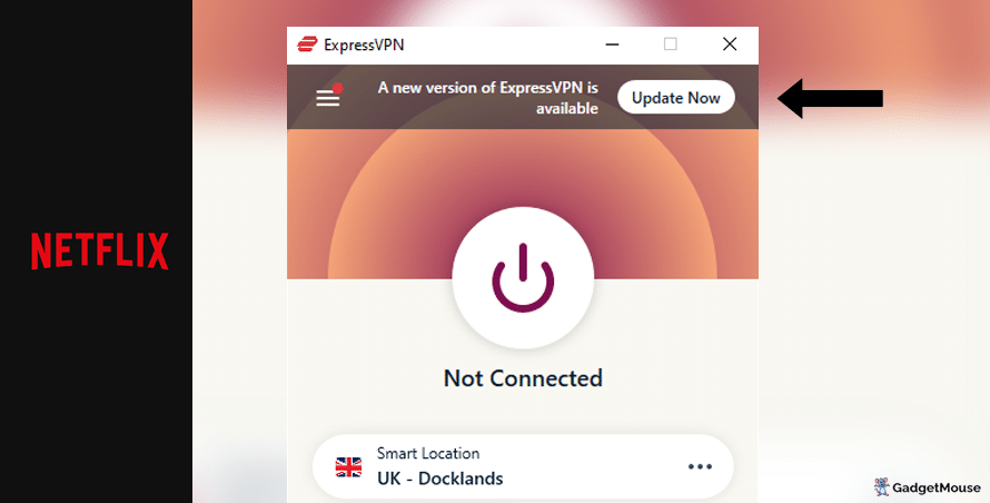 An 'Update now' button appearing on ExpressVPN when using Netflix