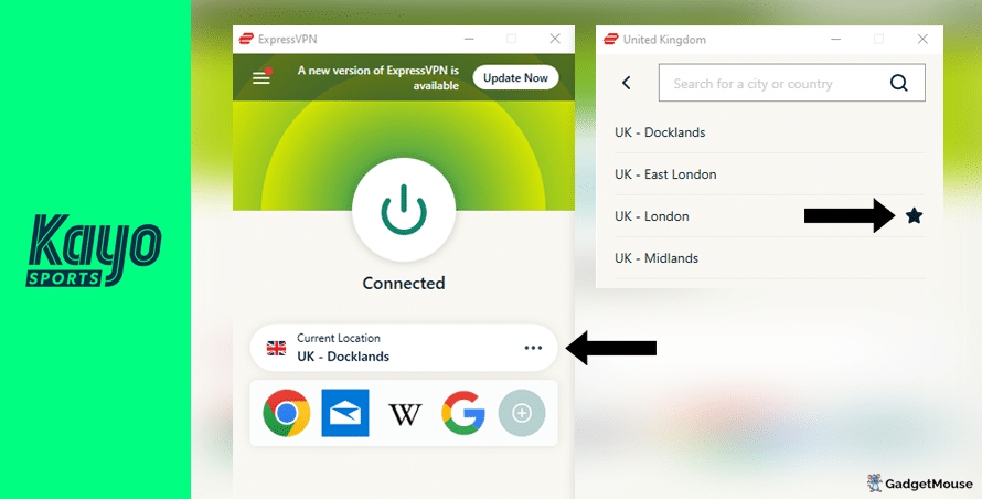 Use the 'Current location' button on ExpressVPN to change the server used with Kayo Sports