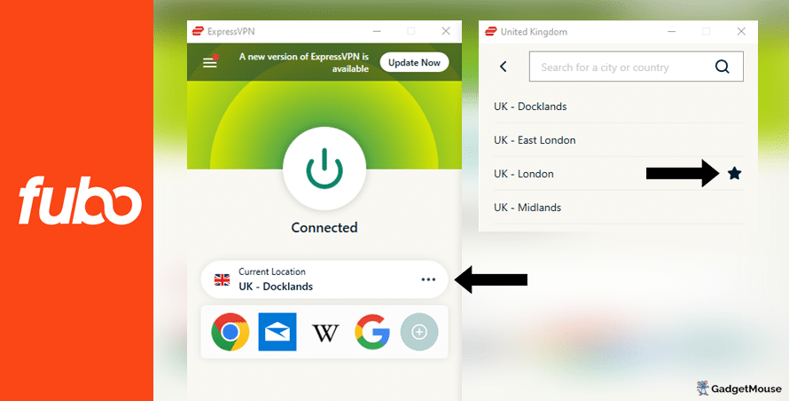 Use the 'Current location' button on ExpressVPN to change the server used with FuboTV