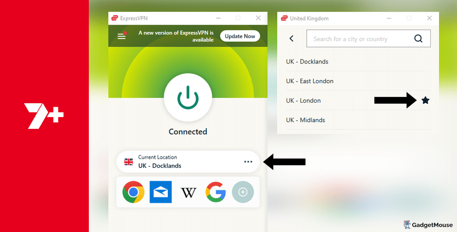 Use the 'Current location' button on ExpressVPN to change the server used with 7plus