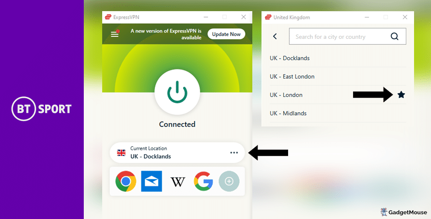 Use the 'Current location' button on ExpressVPN to change the server used with BT Sport