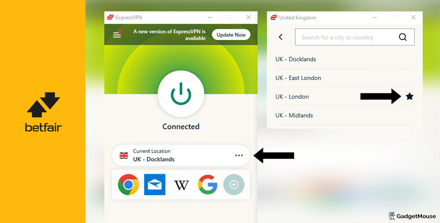 Use the 'Current location' button on ExpressVPN to change the server used with Betfair
