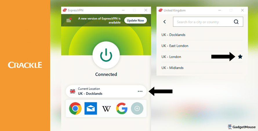 Use the 'Current location' button on ExpressVPN to change the server used with Crackle