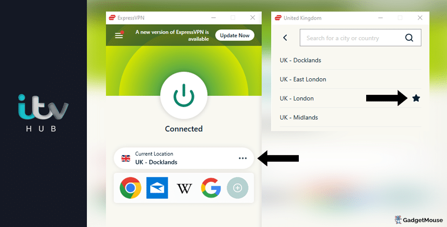 Use the 'Current location' button on ExpressVPN to change the server used with ITV Hub