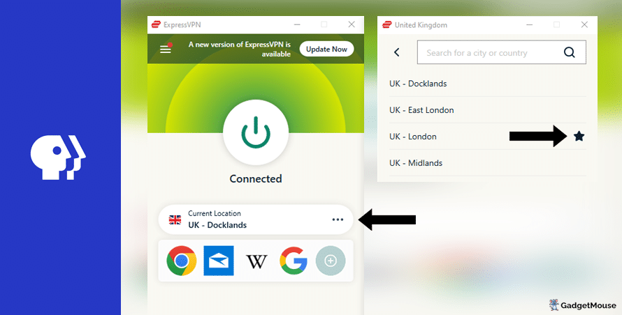 Use the 'Current location' button on ExpressVPN to change the server used with PBS