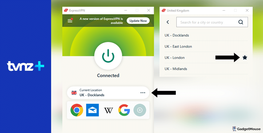 Use the 'Current location' button on ExpressVPN to change the server used with TVNZ