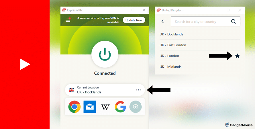 Use the 'Current location' button on ExpressVPN to change the server used with YouTube TV