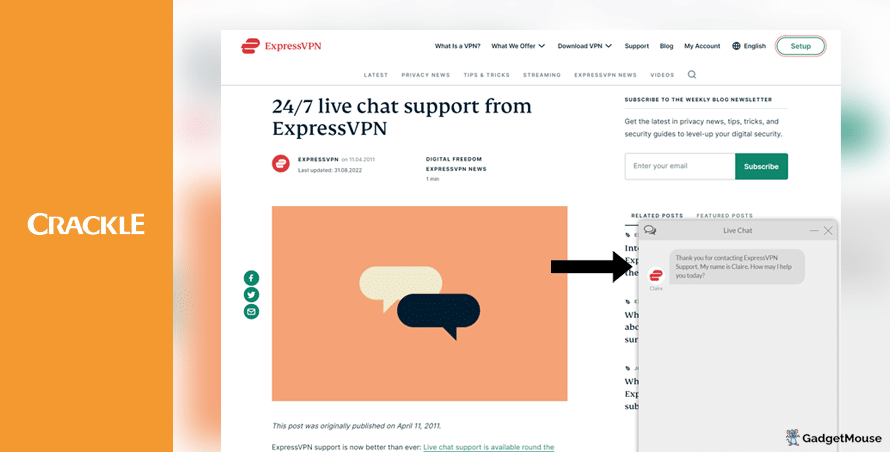 ExpressVPN has a live chat service that you can contact if you have problems with Crackle