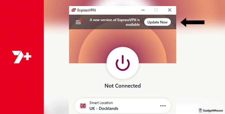 An 'Update now' button appearing on ExpressVPN when using 7plus