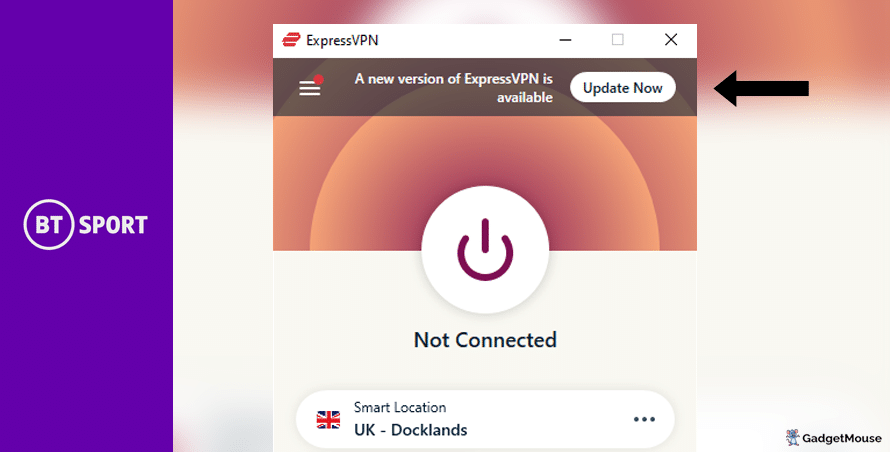 An 'Update now' button appearing on ExpressVPN when using BT Sport
