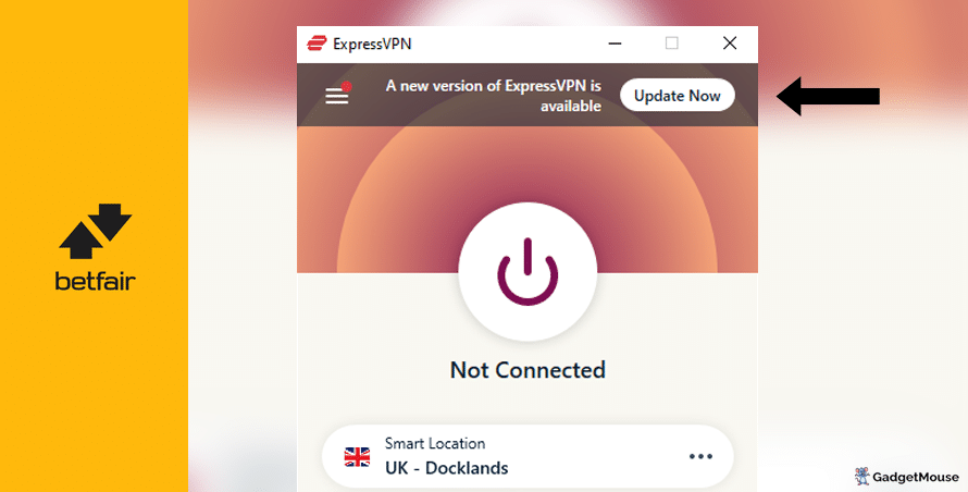 An 'Update now' button appearing on ExpressVPN when using Betfair