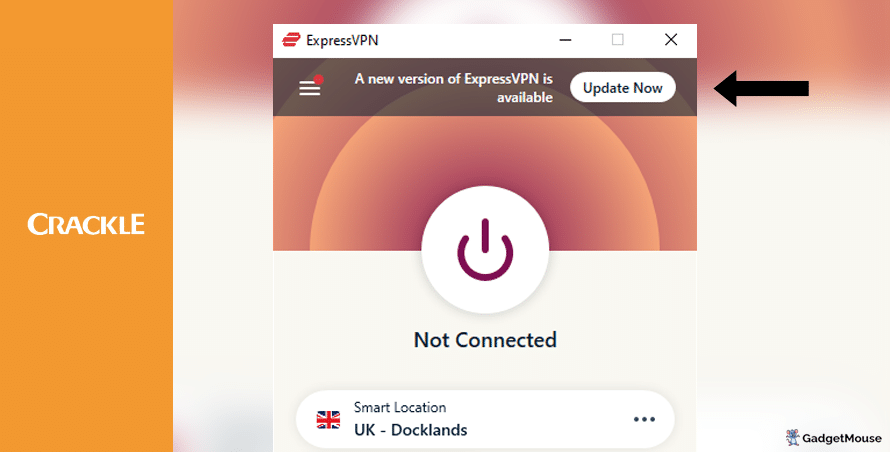 An 'Update now' button appearing on ExpressVPN when using Crackle