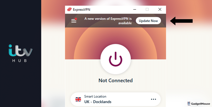 An 'Update now' button appearing on ExpressVPN when using ITV Hub