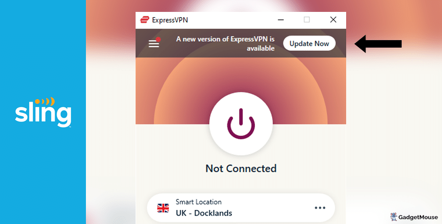 An 'Update now' button appearing on ExpressVPN when using Sling TV