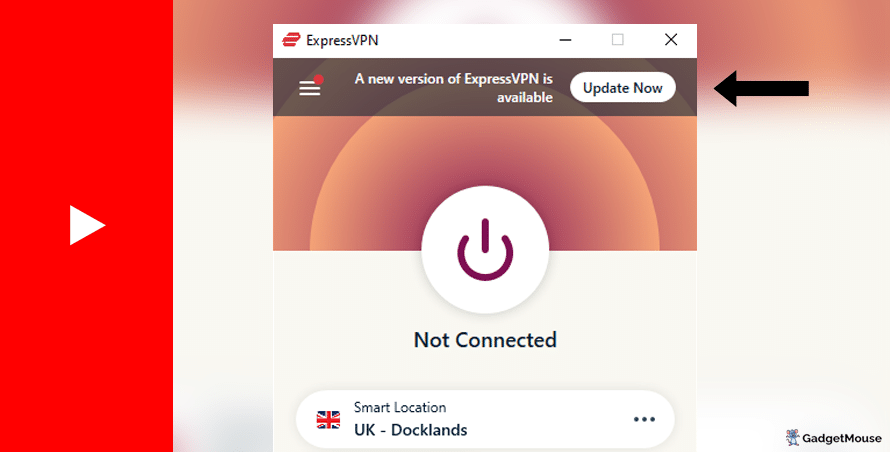 An 'Update now' button appearing on ExpressVPN when using YouTube TV