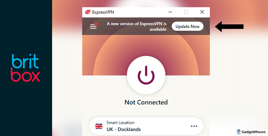 An 'Update now' button appearing on ExpressVPN when using Britbox